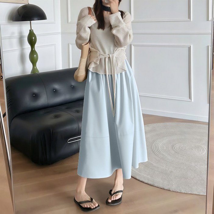 여성 여름 스커트 하이웨이스트 슬림핏 A라인 스커트 플리츠 롱스커트