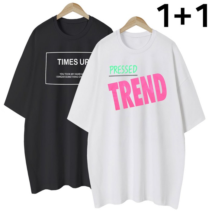 엠제이스타 1+1 여성 트렌디+타임업 여름 반팔 루즈핏 롱 레터링 티셔츠 2P - 투데이밈