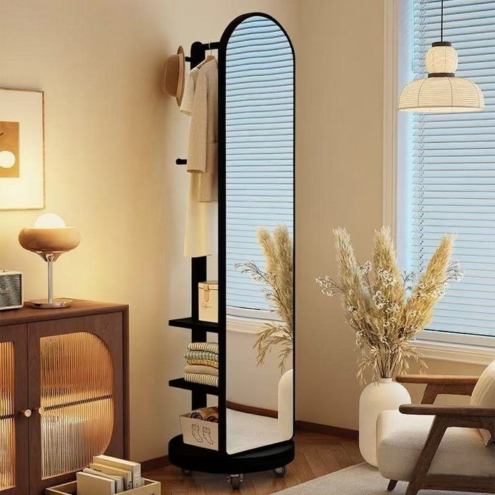 다용도 전신거울 옷걸이행거 1단 이동식 회전형 수납 행거 스탠드 옷걸이 시스템 행거