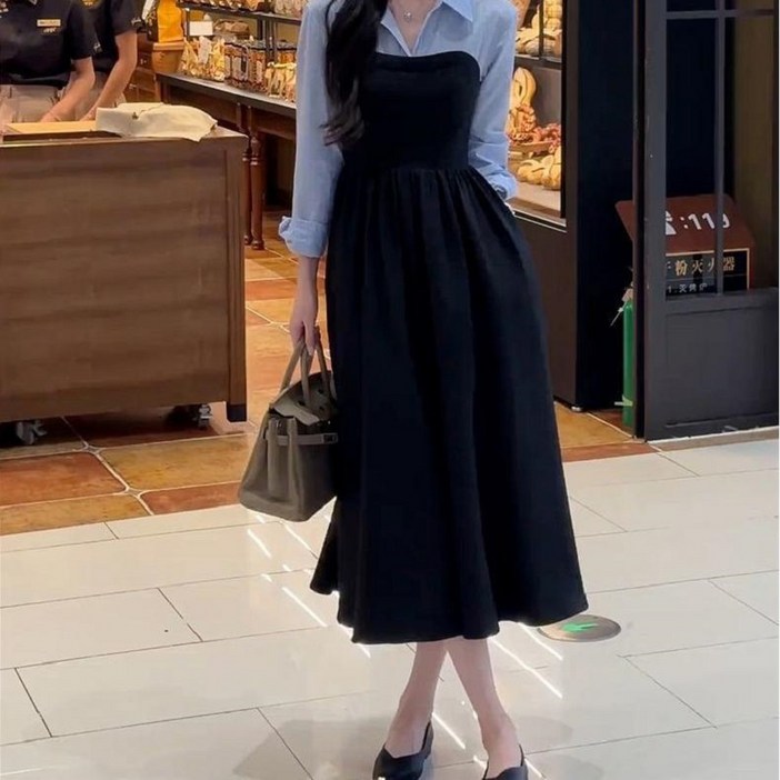 couchsurfing 여성 레이어드 스타일 셔츠형 긴소매 롱 원피스