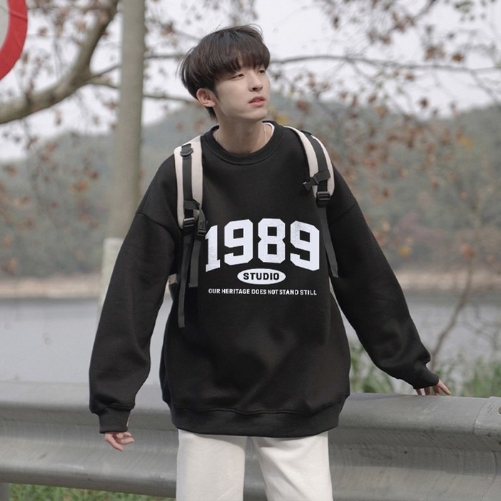 FONOW 스탠다드핏 베이직 1989스튜디오 프린팅특양면 커플룩 심플 맨투맨