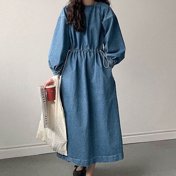 SAHINER 봄가을 여성용 캐주얼 오버핏 데님 허리스트링 벌룬소매 롱원피스 LWBQZ37