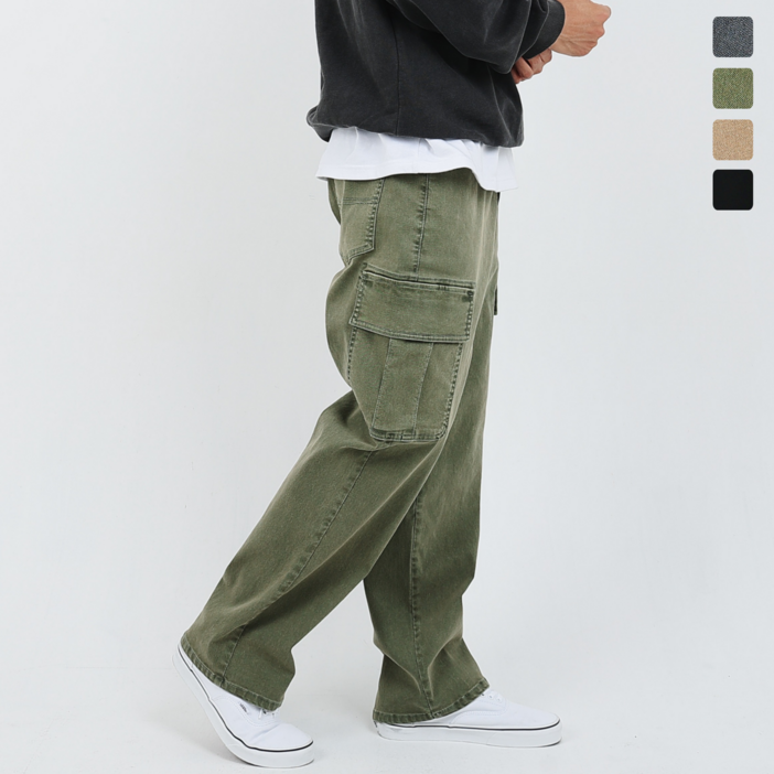남자 피그먼트 와이드 카고 건빵바지 스판 밴딩 워크 팬츠