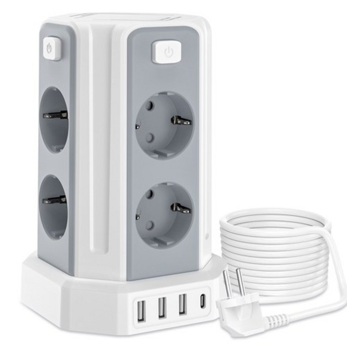 과부하차단 USB 타워 멀티탭 블랙 3M 전선 USB 멀티탭 12구 8소켓 3USBA 1USBC,KC 인증서 취득, 하얀색, 1개, 3m