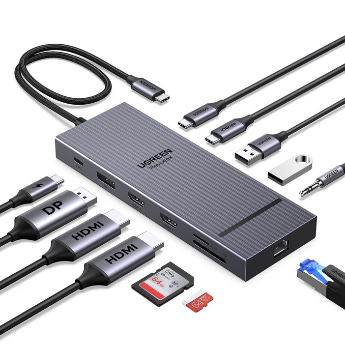 UGREEN 유그린 Revodok 12 in 1 USB 허브 트리플 4K C타입허브 2HDMI DP USB3.2 USB허브10Gbps SDTF RJ45 PD100W USB멀티탭, 1개, Grey