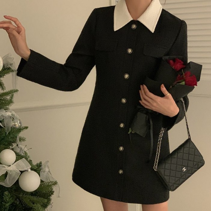 로뎀자체제작레이 배색 카라 트위드 원피스