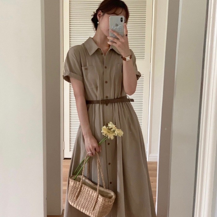 루어스룸 헤이즐 가을 클래식 코튼 반팔 카라 셔츠 벨트 버튼 단추 플레어 A라인 하객룩 롱 원피스