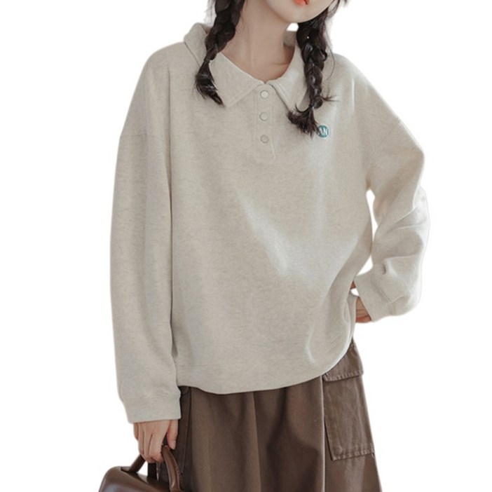 Makone 여성 봄 가을 루즈핏 맨투맨 자수 캐쥬얼 카라 티셔츠