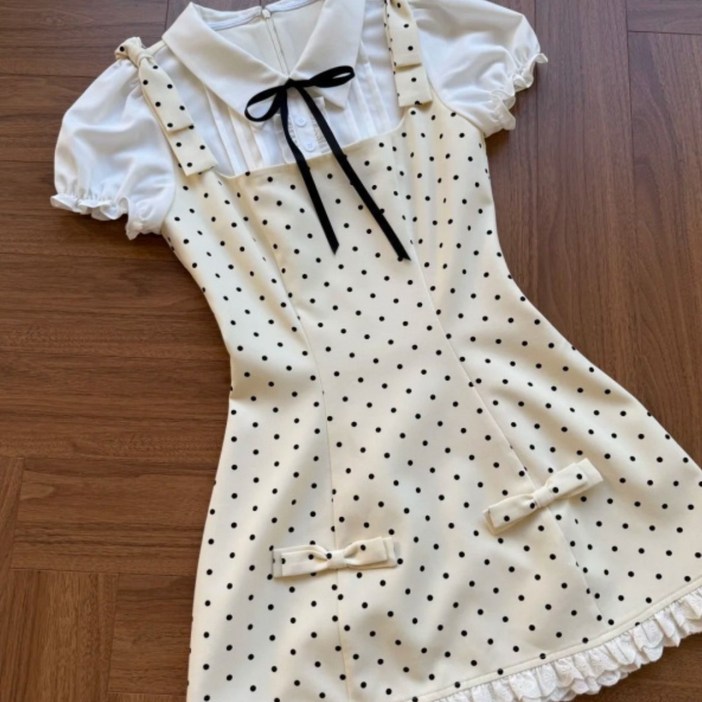해피유통 여아 레트로 도트 원피스 레이스裹소매 디자인 귀여운 앞치마 스타일디자인14세 이상