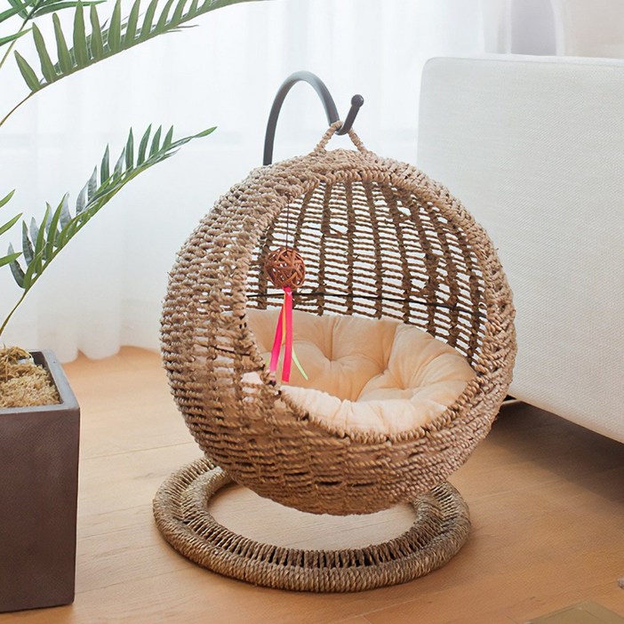 고양이 해먹 강아지 침대 애견 소파 캠핑 라탄 의자, 1개, 내추럴 브라운