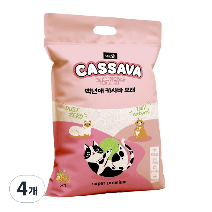 백년애 먼지없는 고양이 카사바 균일입자 대용량 모래, 오리지널향, 4개, 5kg