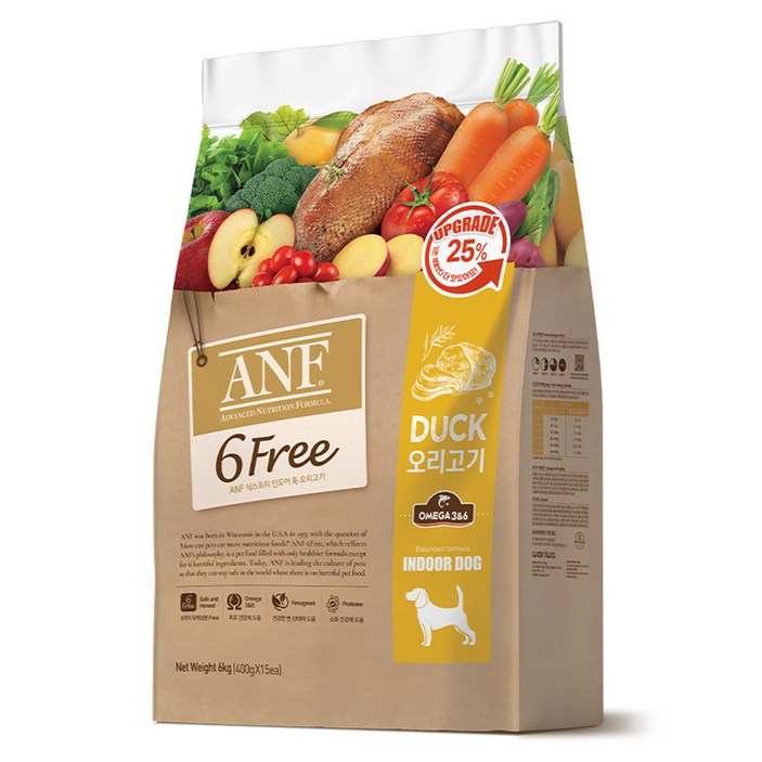 ANF 생후 4개월 이상 인도어 독 식스프리 건식사료, 오리, 6kg, 1개