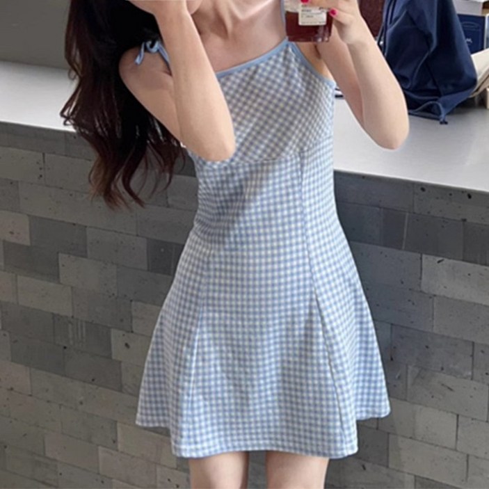 피어니스트 티탄 체크 스트랩 나시 미니원피스