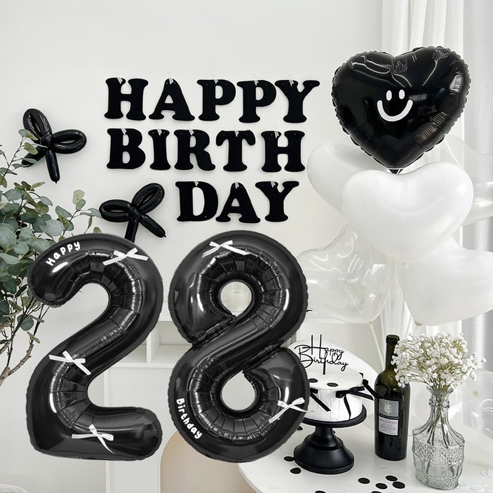 HBD 레터링 하트 파티 세트, 블랙 28, 1세트