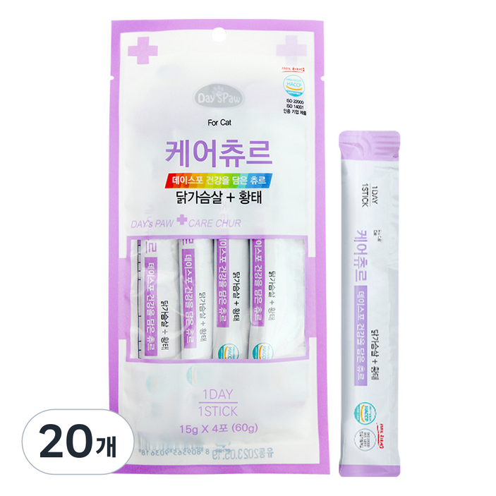 데이스포 고양이 케어짜먹는 간식 짜먹는 간식 4p, 혼합맛닭가슴살황태, 60g, 20개