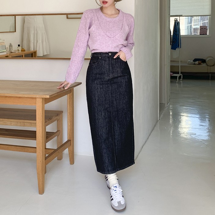 토마토팩토리 여성용 라르에 뒷트임 H라인 생지 데님 맥시 롱 스커트