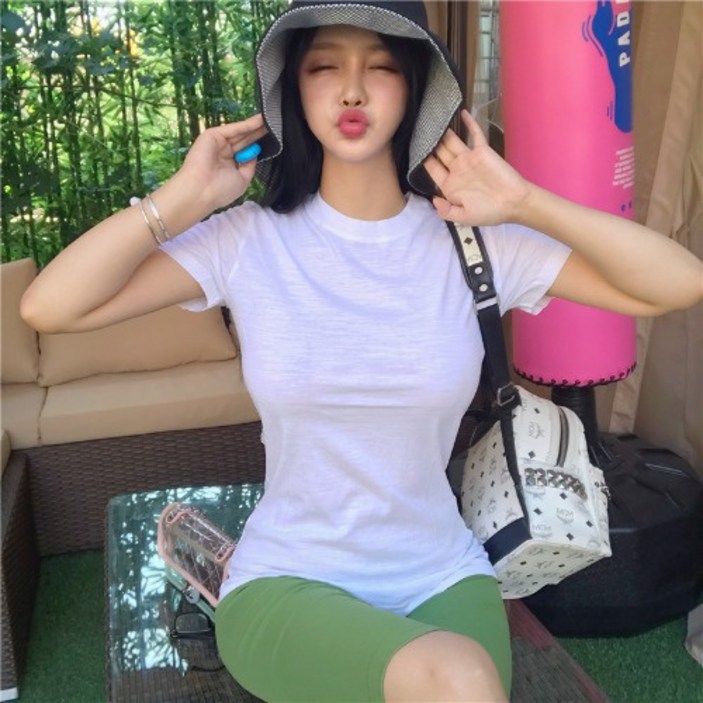 실사 대박 한국 이렇게 입기 좋은지 달콤한 핑크 슬라브 반팔티 여성복