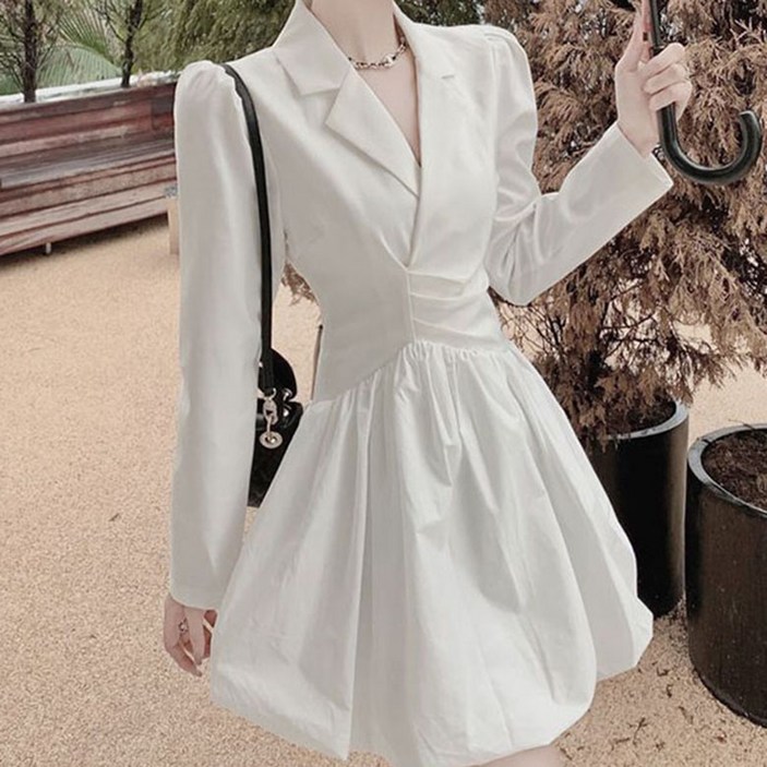 기질 우아 여성 양복 칼라 긴팔 원피스 쁘띠 셔링 허리슬림 날씬해 보이는 꽃봉오리핏 미니스커트 a라인 하객룩 원피스