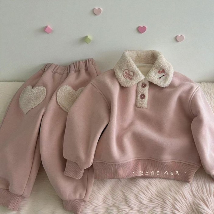 해피팡팡  아동 여아 겨울 기모상하복 뽀글 카라티셔츠  긴바지   베이비러브 코지 기모세트140  뽀글카라상하복  여아 아동 키즈 유아 기모 상하복세트 겨울 외출복 등원복