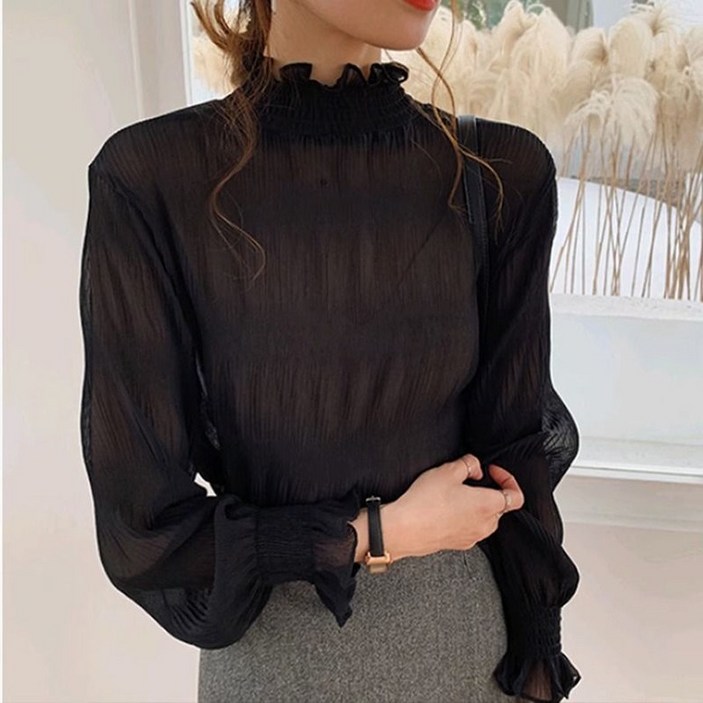 POMTOR 여성 가을 겨울 레이스 프릴 쉬폰 톱 차이나넥 레깅스 상의 데일리룩 기모 이너 블라우스