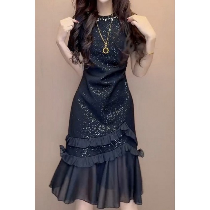 해피유통  여성 가을겨울 반팔 반짝이 패치워크 원피스 우아한 스타일 A라인bhf