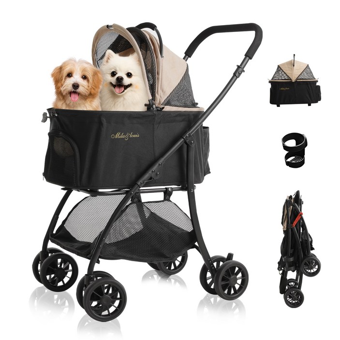 MILALOUIS 강아지 유모차 퀵폴딩 디럭스 강아지유모차 개모차 고양이유모차 개모차 일체형 뉴바론 개모차 원터치 퀵폴딩 개모차