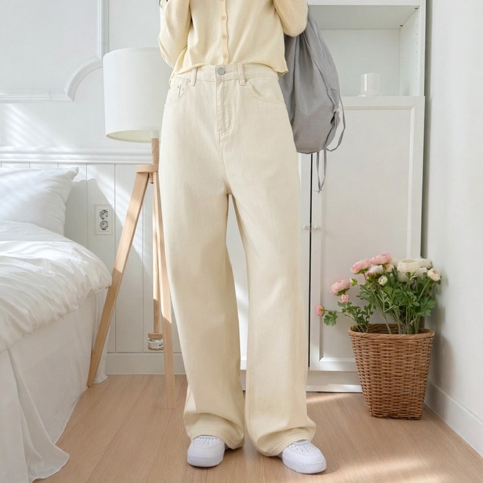 쏘옷 여성용 백라인 비조버튼 하이웨이스트 세미 와이드 면 팬츠