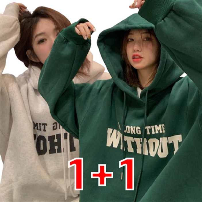 Izeriel 1+1 여성용 겨울 후드티 따뜻한 얇은 기모 안감과 여유로운 루즈핏으로 완성된 트렌디한 디자인의 캐주얼한 후드 아우터 기모 후드티 맨투맨