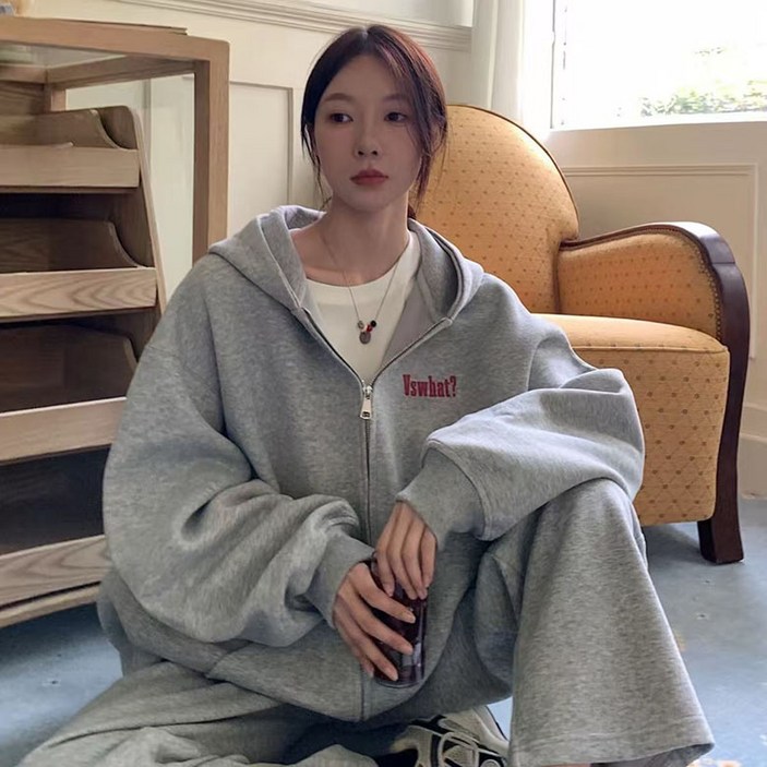 ORZQU 가을 여성 캐주얼 세트 후드 솔리드 심플 트레이닝 세트