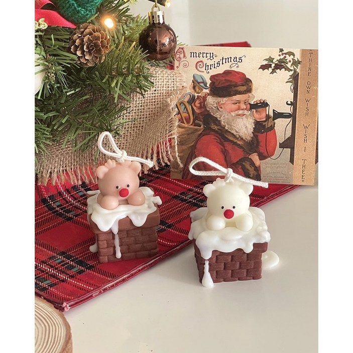 굴뚝 곰들프 캔들 크리스마스선물 집꾸미기 소품 감성소품 연말선물, 하양이, 블랙체리