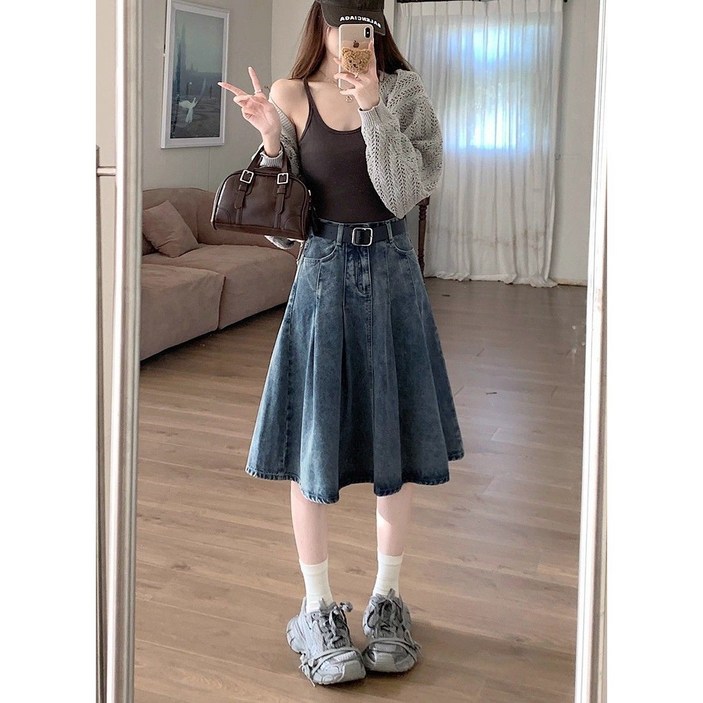 COSYEVNO 여성 춘추 하이웨이스트 데님 플리츠 A라인 미디 스커트 LFHnzq-7