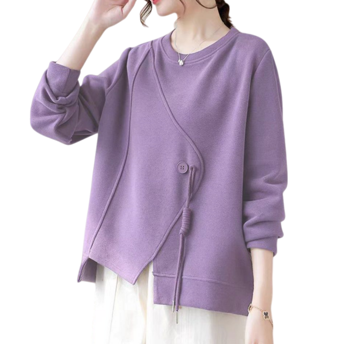 Makone 여성 봄 가을 라운드넥 루즈핏 앞트임 캐주얼 티셔츠