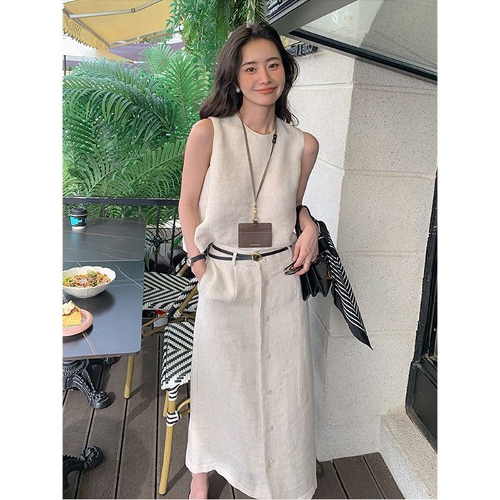 고급스러운 린넨 라운드 민소매 탑 여름 신상 날씬해 보이는 기장 A라인 스커트 투피스