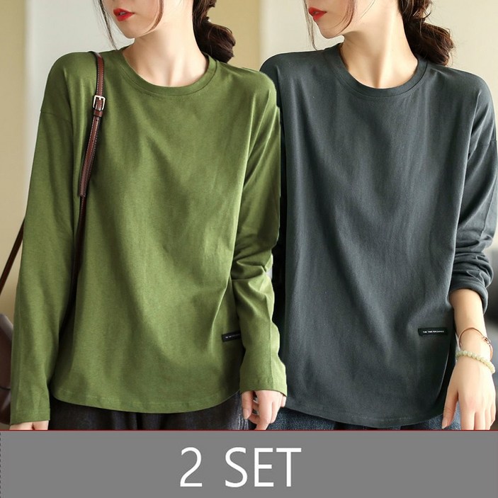 ROYALBELLE 2장묶음 여성 순면 긴팔 빅사이즈 베이직 심플 루즈핏 캐주얼 티셔츠 K031403