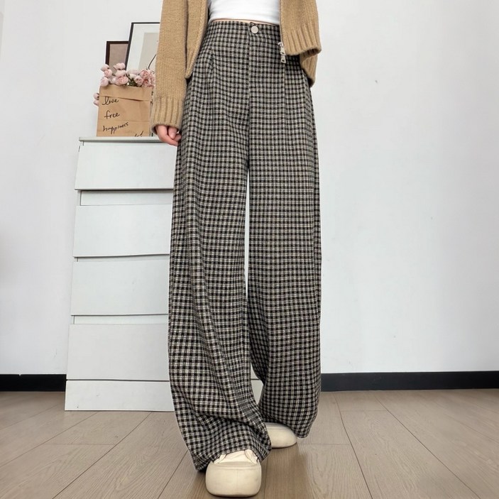 큐엔유 여성 가을 겨울 체크 기모 와이드 팬츠