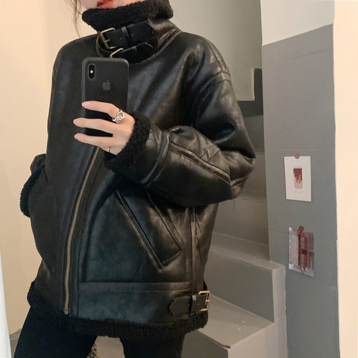 여성 바이크 자켓 겨울 가죽 재킷 울코트 하이넥