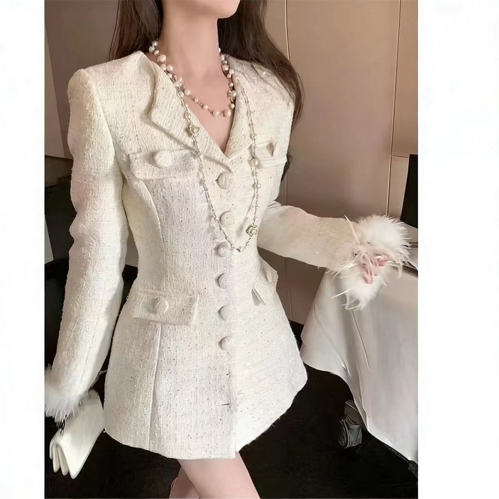 BROWMODA 여성 정장 카라 자켓 트위드 미니 원피스