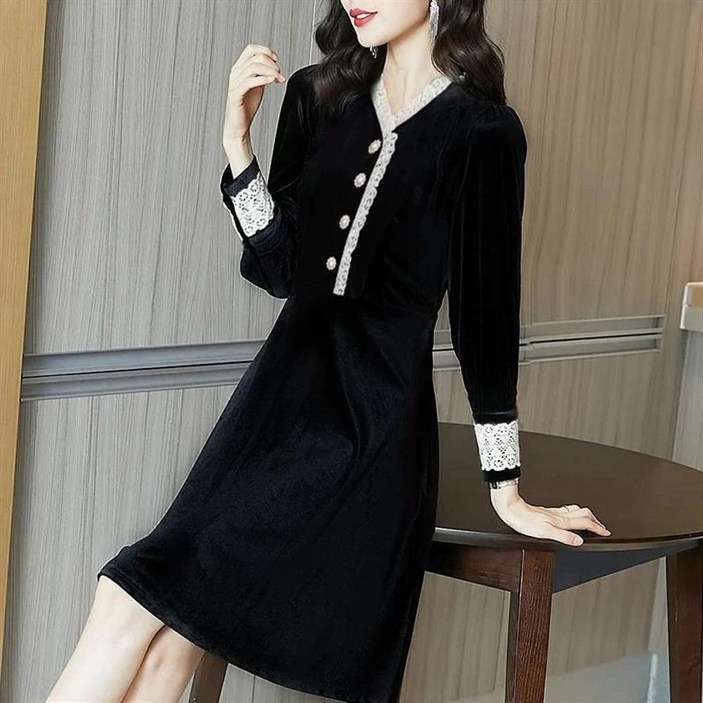 JIEVE 프렌치 스타일리시 마이너 디자인 봄가을 브이넥 여성패션 우아한 레이스 긴팔 원피스 Z16