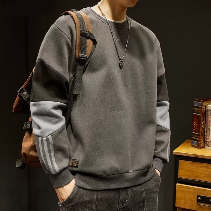 ANYOU 남성 캐주얼 면질 배색 라운드 긴팔티 오버핏 맨투맨