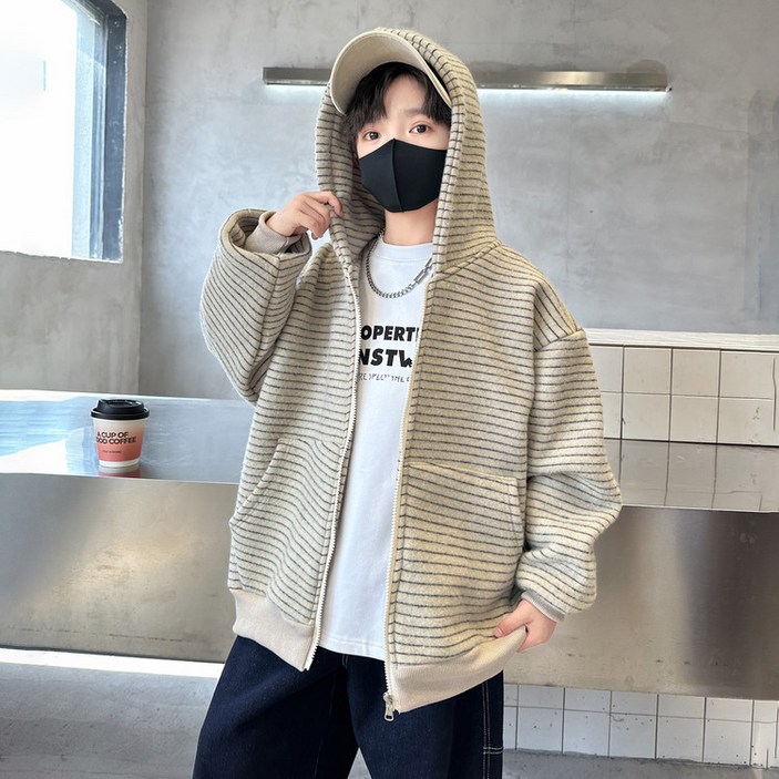 비비키드 남아 기모 양털 플리스 스트라이프 니트 벤 후드집업 겨울 점퍼 신상 초중생 상의 긴팔 코트 초등생 외투 2525