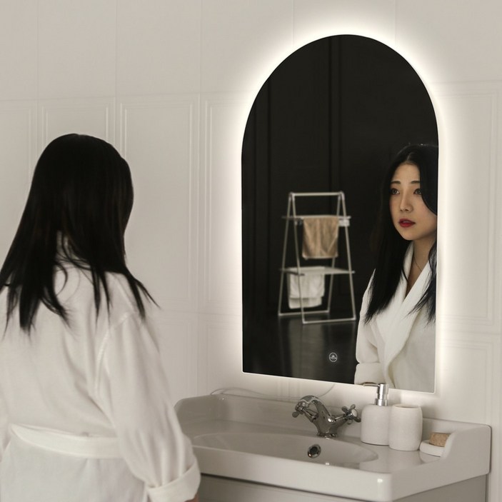 라헨느 프리미엄 LED 아치형 조명거울 간접조명 인테리어 욕실 화장실 카페 미용실 벽거울, 3색 조정 터치형 주광색주백색전구색