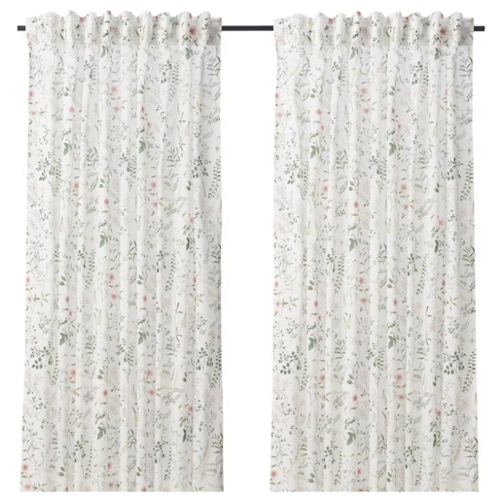 이케아 티미안스모트 커튼한쌍 화이트 플로럴 패턴 145x250cm 805.657.35