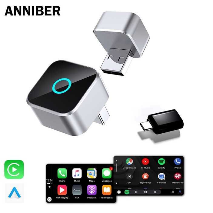1년 품질 보증ANNIBER 초미니 무선 애플 카플레이 안드로이드 오토 2in1 스마트 차량용 무선 카플레이 미러링 동글