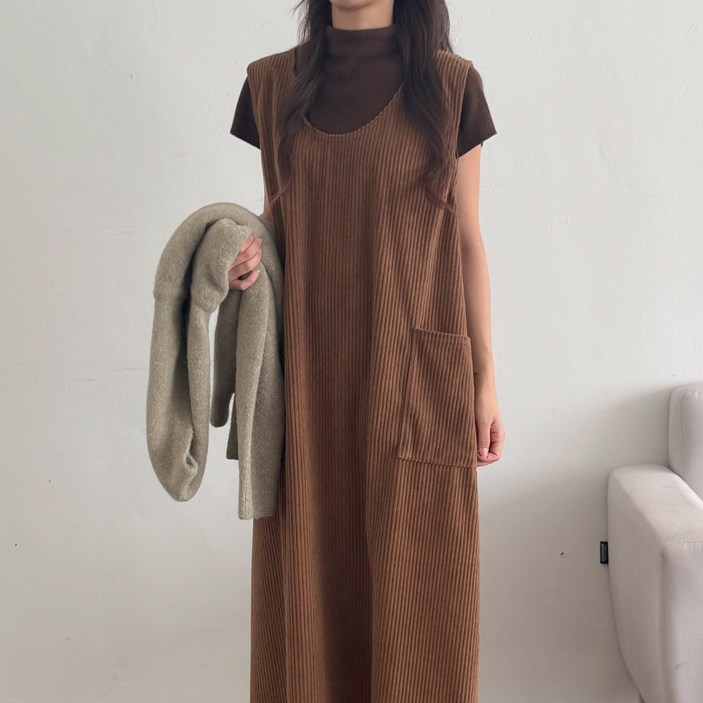 더한땀 빅사이즈 골덴 레이어드 포켓 원피스