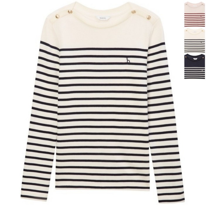 헤지스 레이디스 조직감 버튼 장식 긴팔 티셔츠 여성 의류 스트라이프 긴팔티