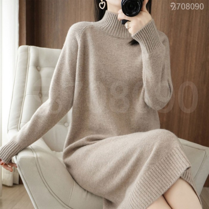 708090 여성 겨울 루즈핏 반목 니트 미디 원피스 롱 스웨터