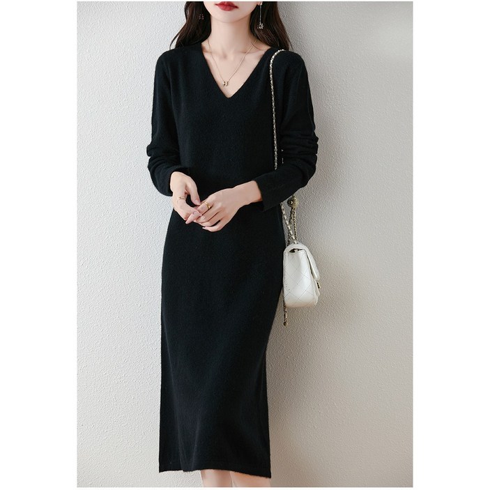 MINA STYLE 브이넥 원피스 니트 롱 옆트임 여성 긴팔 데일리룩