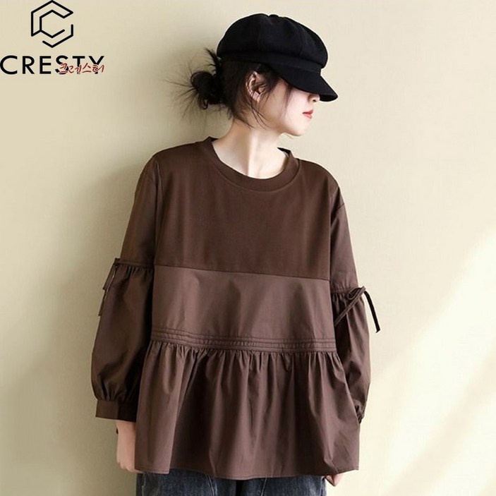 크레스티 패션 오버핏 배색 긴팔 티셔츠 프릴 빅사이즈 라운드 긴팔티