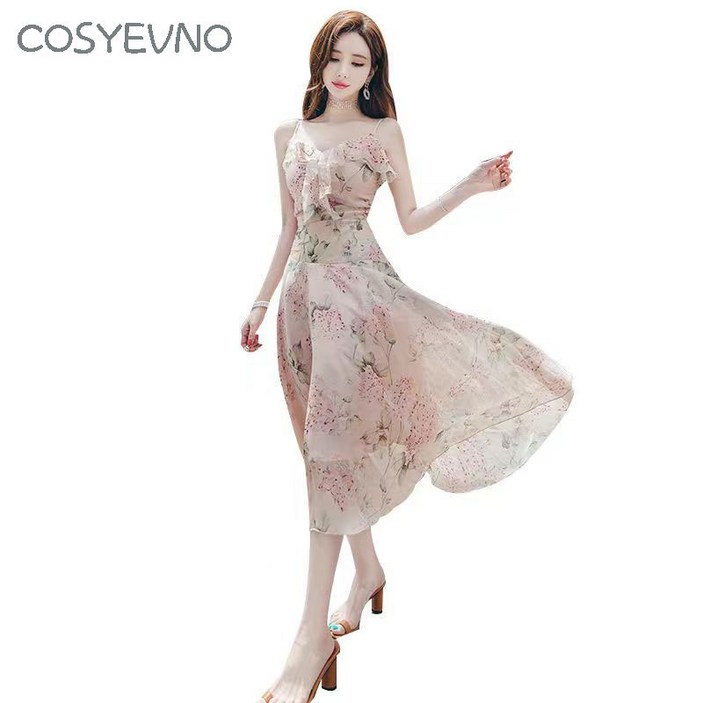 COSYEVNO 여름 신상 비치원피스 플라워원피스 허리가 잘록한 쉬폰 롱원피스 여성원피스