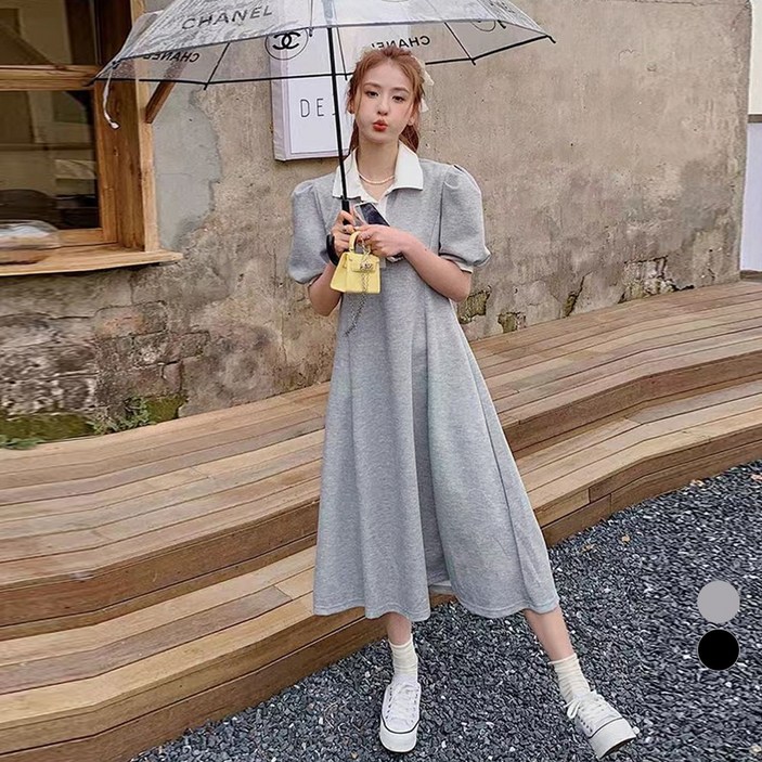 라라벨 여성용 원피스 카라넥 무지 베이직 배색 숄더퍼프 단추 러블리 데일리 반팔 원피스